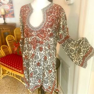 AMAYA Cotton Embroidered Tunic Top! Black & Cream. Brown Embroidery! Large